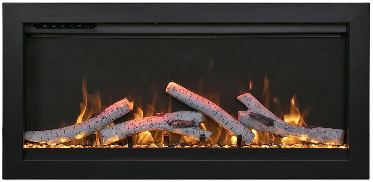 Amantii Symmetry Clean Face Built-in w/ Log & Glass, Black Steel Surround Electric Fireplace