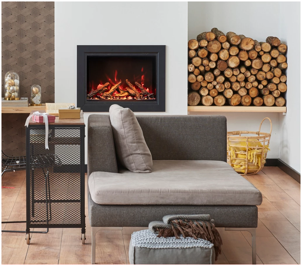 Amantii Traditional Series w/ Steel Trim, Glass Inlay & Log Set Electric Fireplace