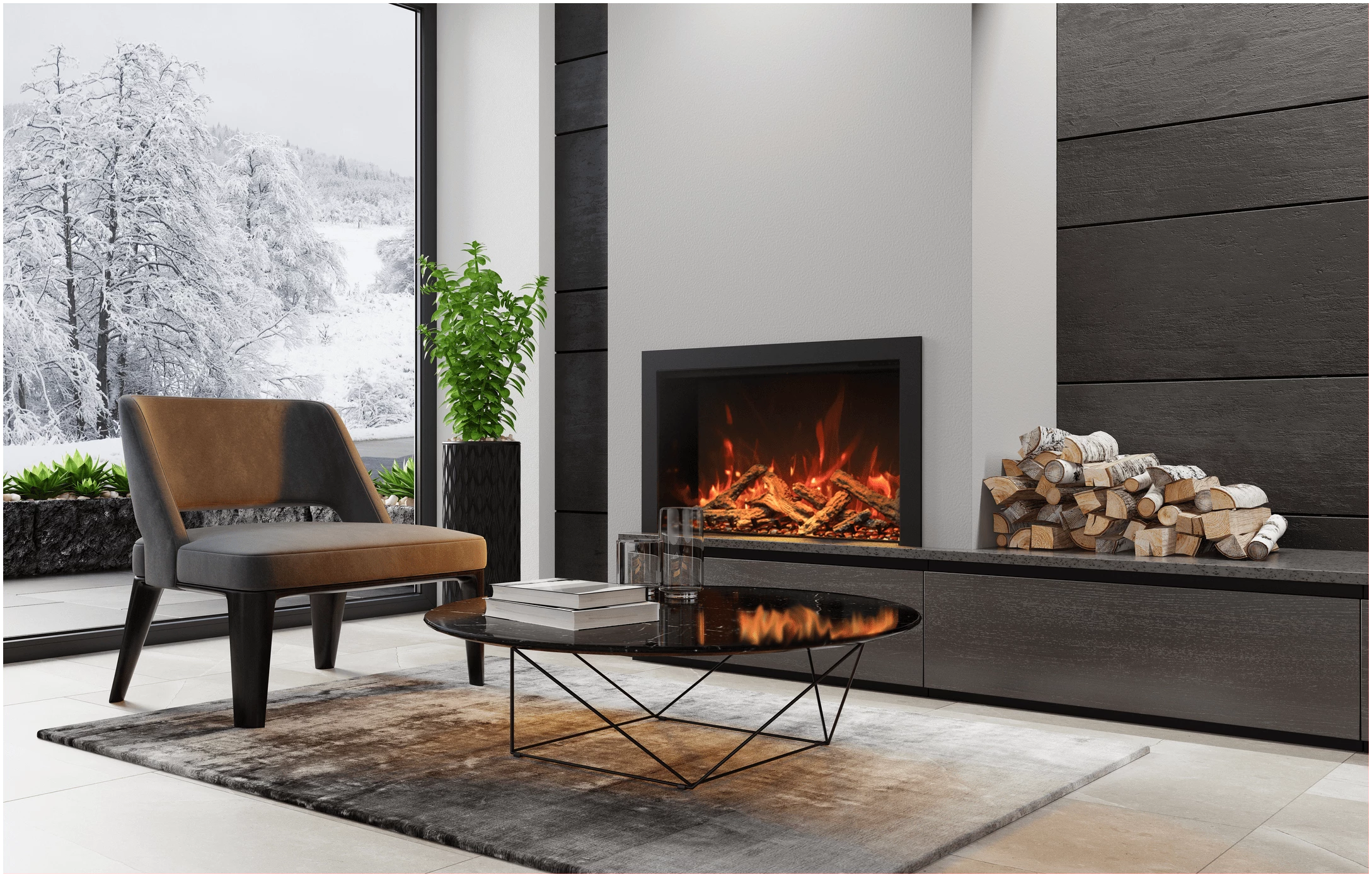 Amantii Traditional Series w/ Steel Trim, Glass Inlay & Log Set Electric Fireplace